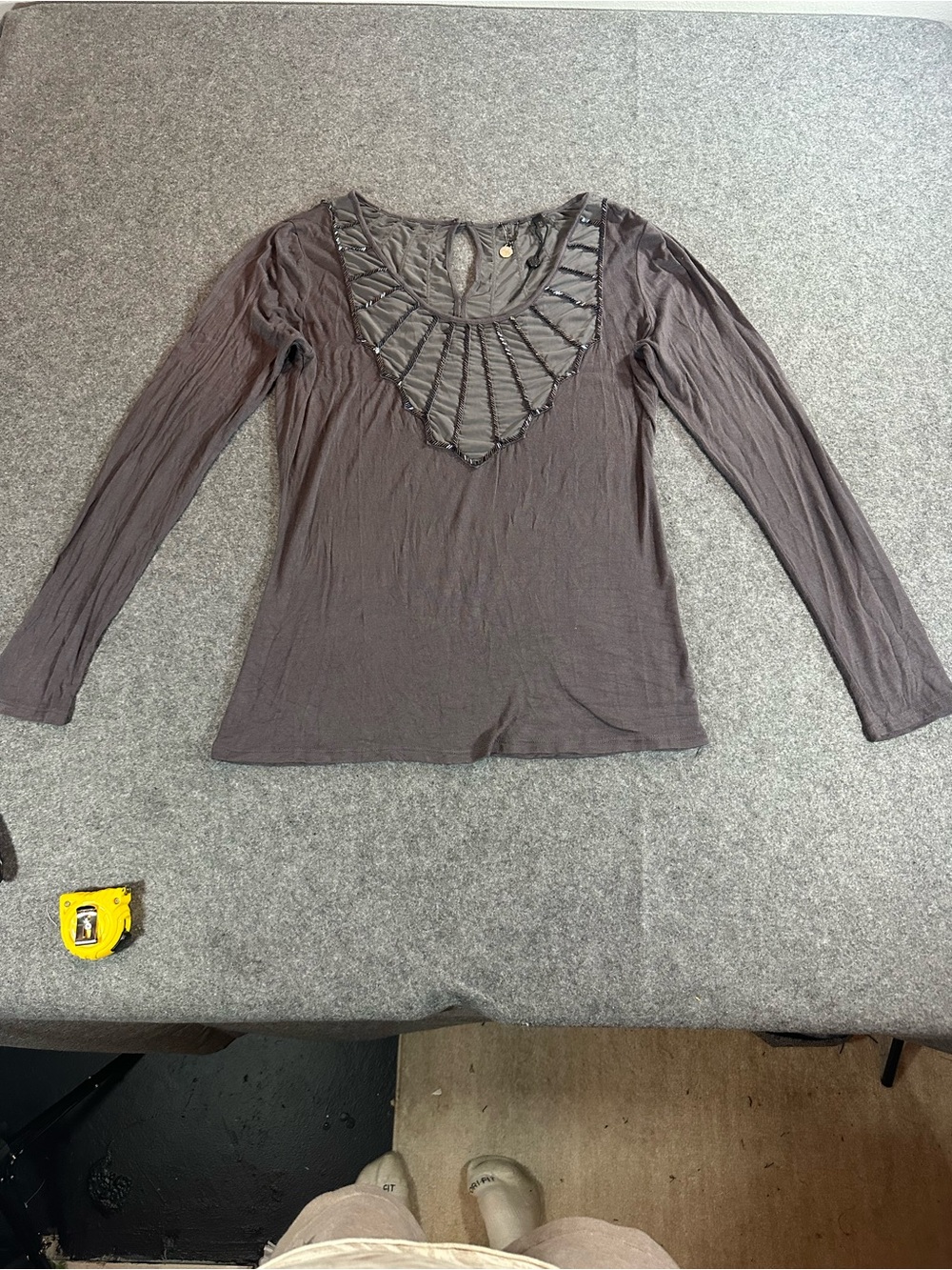 2000s Buckle Gray Beaded Flowy Top